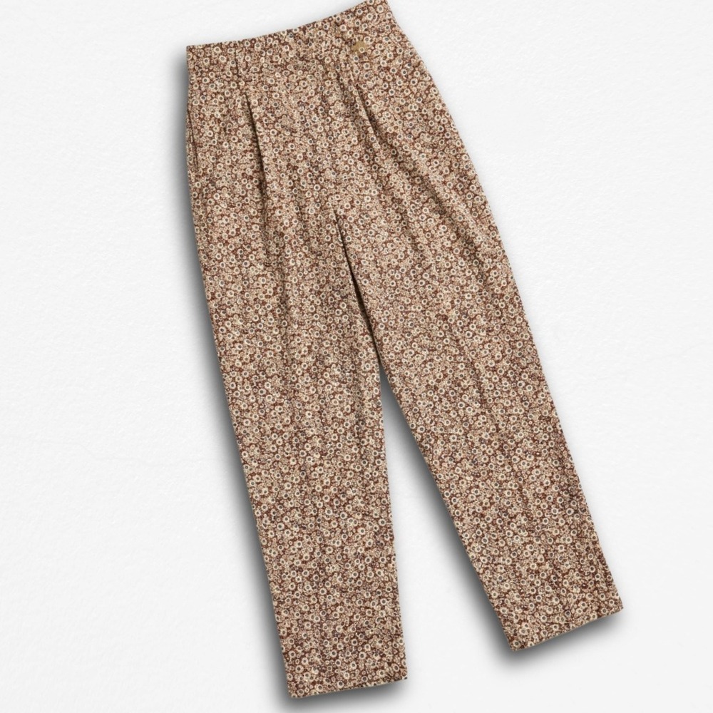 Handmade Brown Ditsy Floral High Waisted Pleated Tapered Leg Trousers Pants